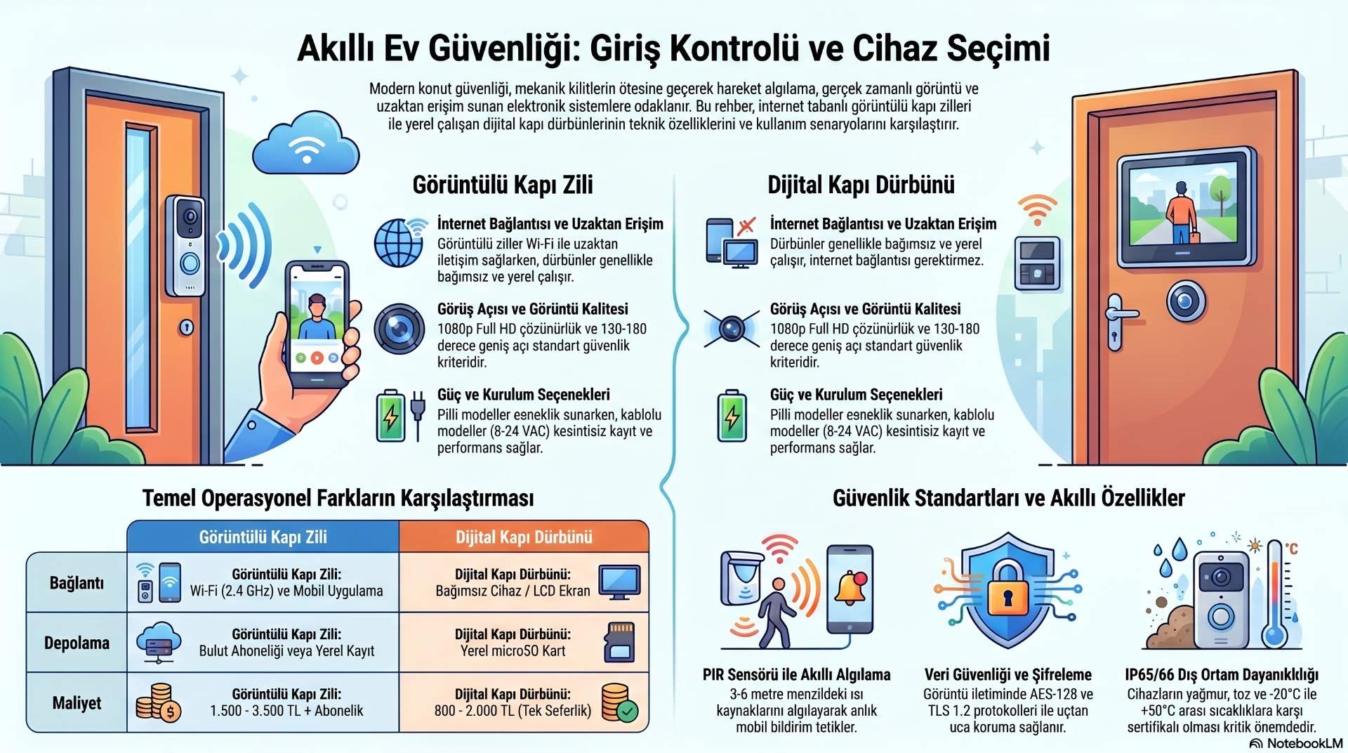 Akıllı ev sistemlerinde giriş kontrolü, kapı önünü izleyerek güvenlik risklerini daha erken fark etmeyi sağlar.