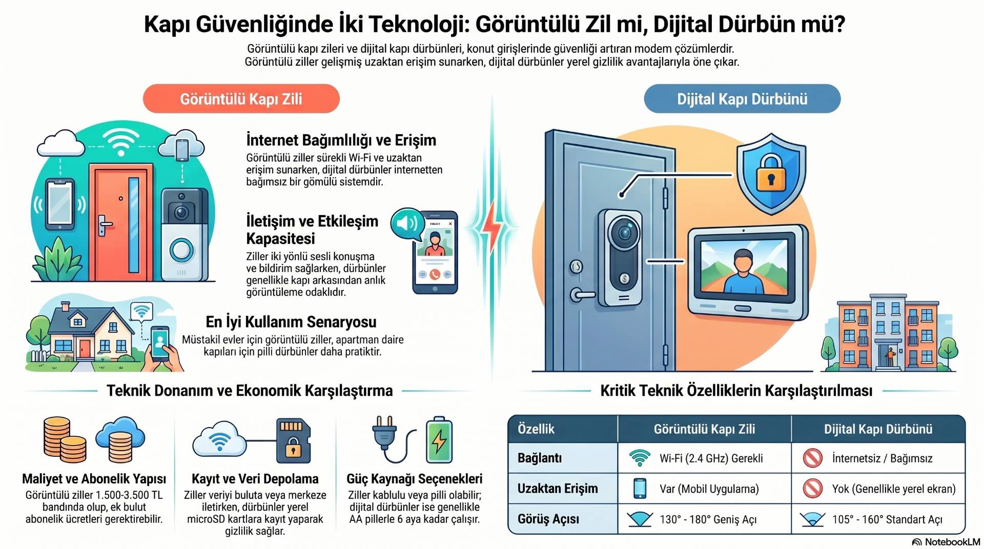 Görüntülü kapı zili daha çok uzaktan erişim sunarken, dijital kapı dürbünü kapı içinden pratik görüntüleme sağlar.