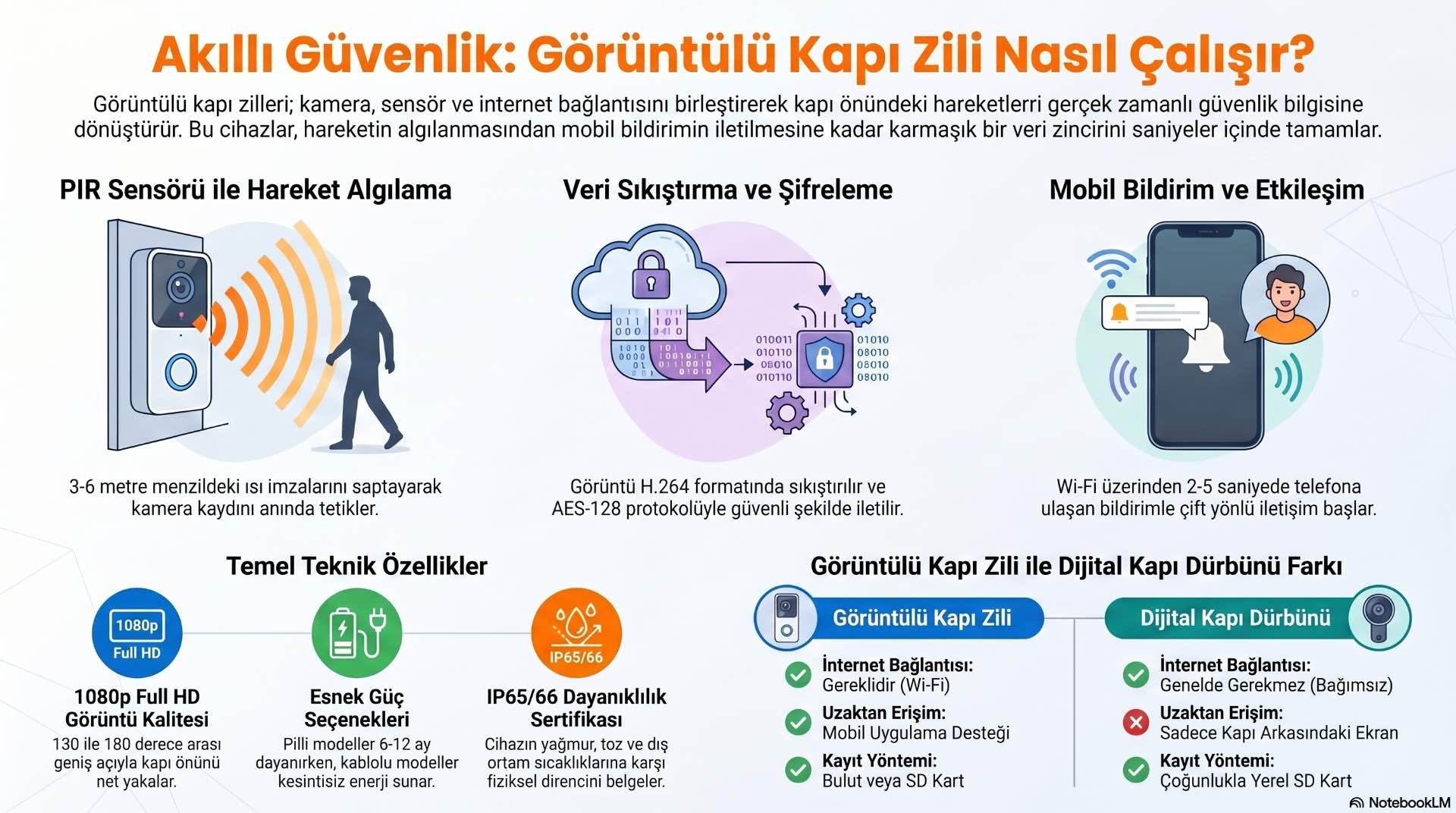 Görüntülü kapı zili, hareket algılama, kamera ve internet bağlantısıyla akıllı ev içinde canlı izleme sağlar.