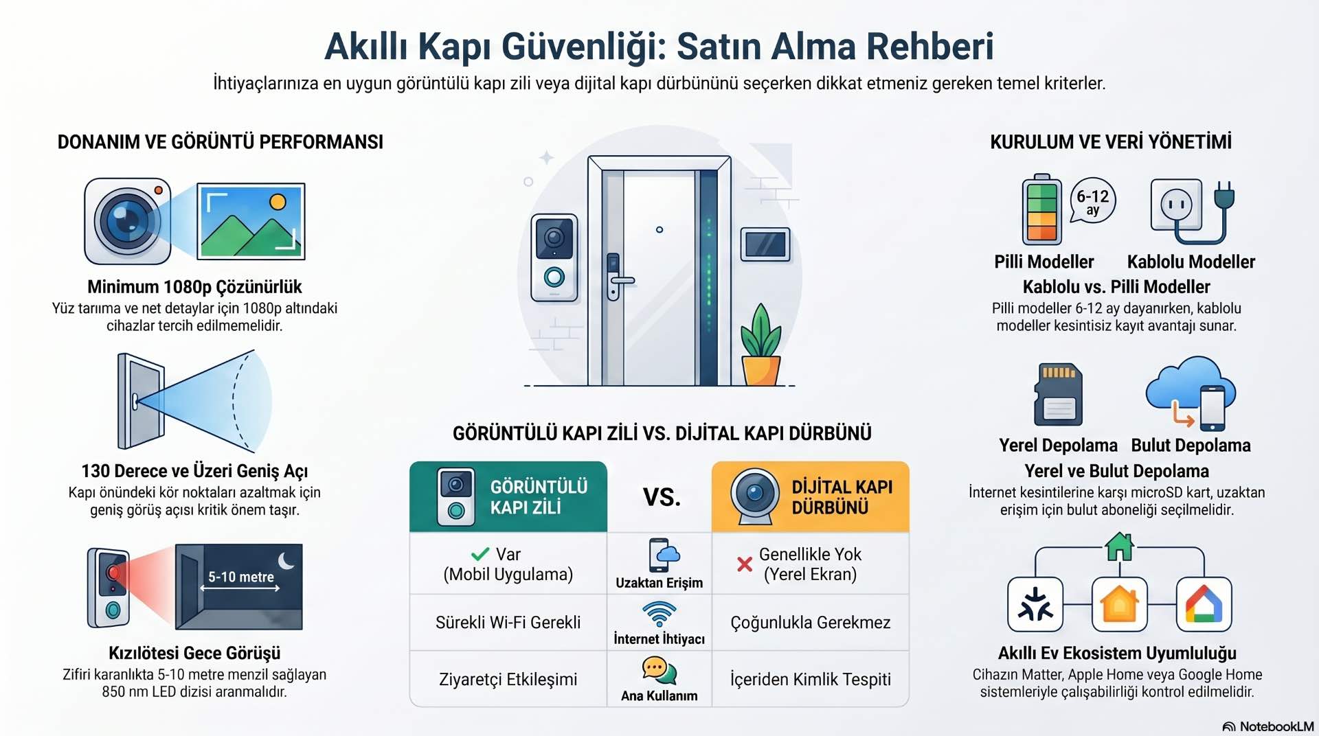 Güvenlik için pil ömrü, Wi-Fi bağlantısı, kayıt seçeneği ve kurulum tipi satın almadan önce değerlendirilmelidir.